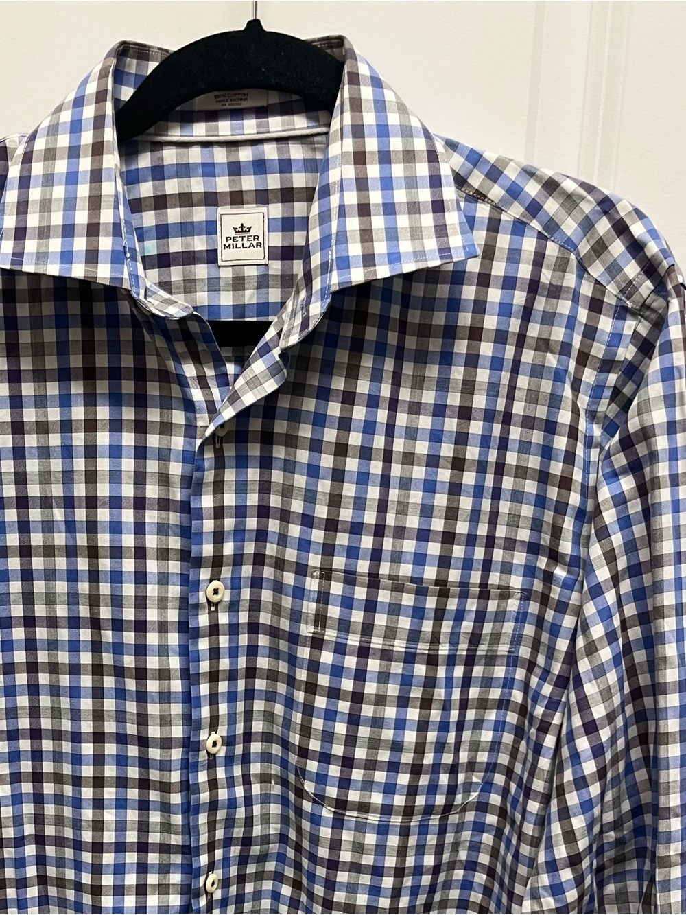Peter Millar Mens Medium 100% Cotton Gingham Plaid Button Up Sport Shirt Blue Br